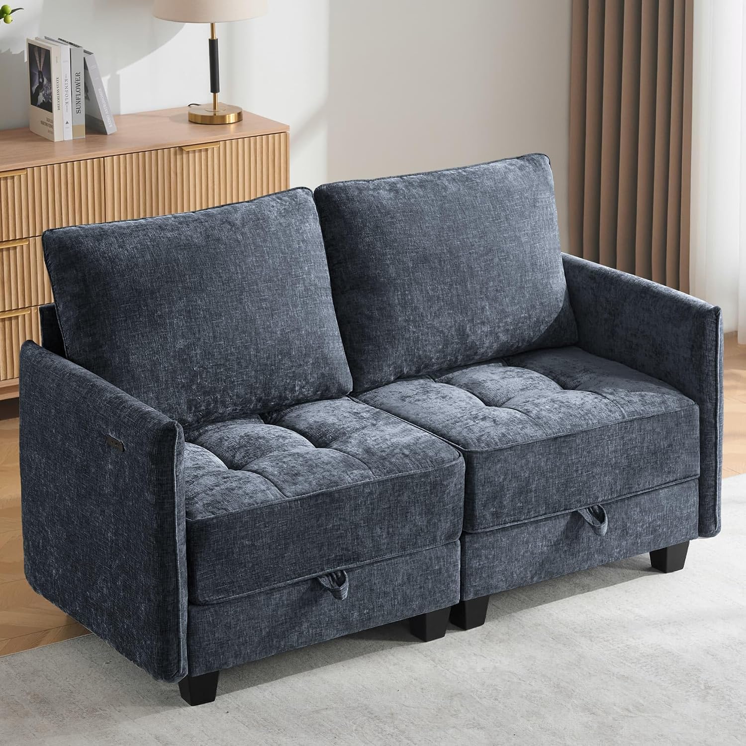 Korser 61" Loveseat Sofa Couch with Storage, Modern Love Seat Couches for Living Room, Small Couch for Bedroom with USB Charging, Comfy Chenille Cloud Couch for Small Spaces, Dorm, Office, Dackblue